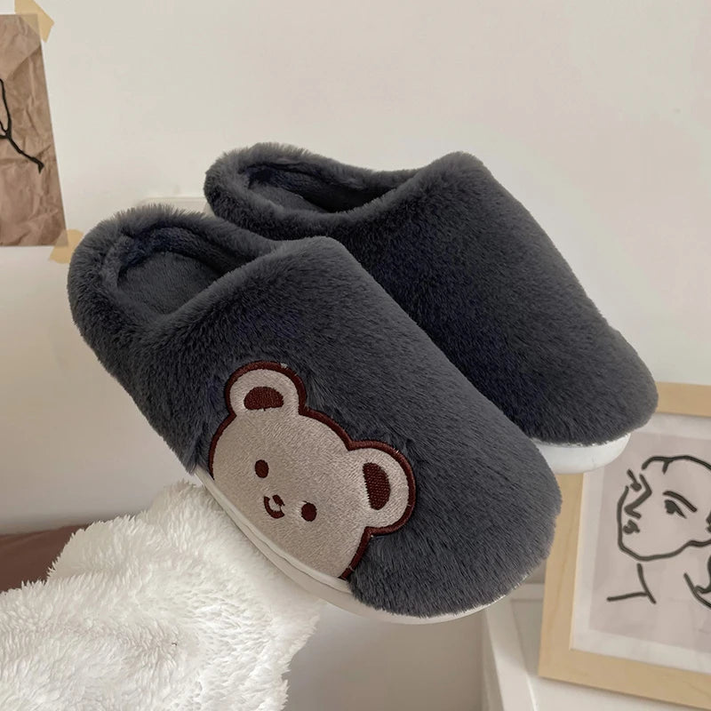 Winter Cotton Bear Plush Slippers Women Indoor Outdoor Wear Soft Thick  Non-slip Warm Cute Design Fashion Versatile