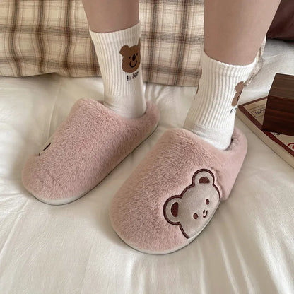 Winter Cotton Bear Plush Slippers Women Indoor Outdoor Wear Soft Thick  Non-slip Warm Cute Design Fashion Versatile